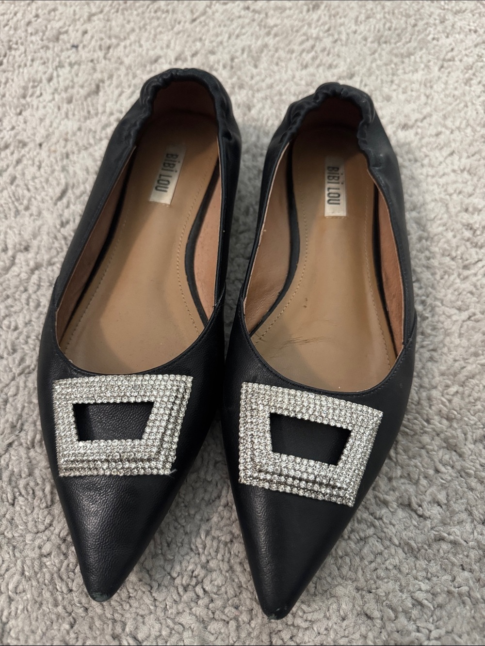 Black Pointed Toe Flats with Rhinestone Buckle